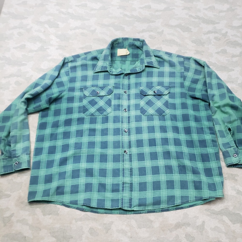 VTG Fieldmaster Sears Shirt Mens 3XL Green Plaid Flannel Long Sleeve Button-Up